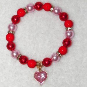 Valentine's Day Beaded Stretch Bracelet Pink Heart Charm